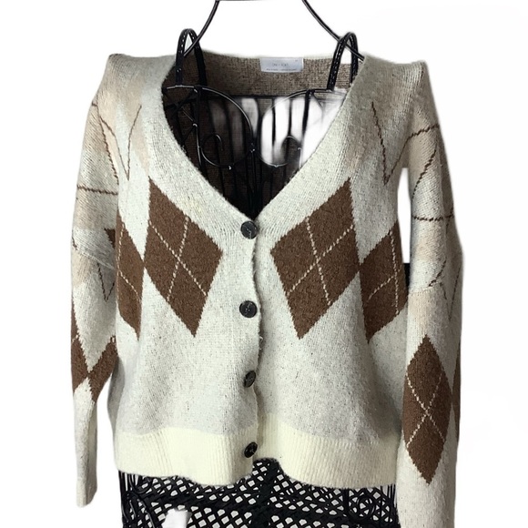 Oak+Fort Women's  Oatmeal/
Brown Size Medium Argyle Cardigan Sweater - Picture 2 of 10